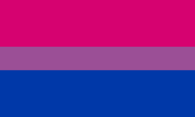 Bisexual flag with 3 horizontal stripes: a thick hot-pink stripe, a purple stripe, and a thick blue stripe.