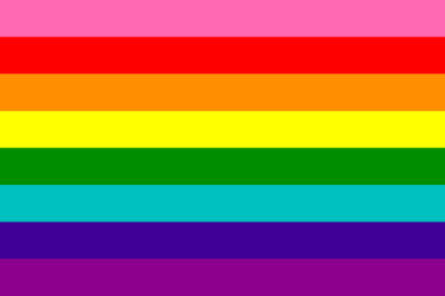 First gay Pride flag with 8 horizontal stripes: hot pink, red, orange, yellow, green, turquoise, indigo, and violet.