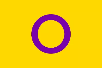 Intersex flag with a yellow field and a purple ring in the center.