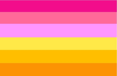 Lesbian flag with 6 horizontal stripes: Hot pink, mid pink, light pink, yellow, yellow-orange, and orange.