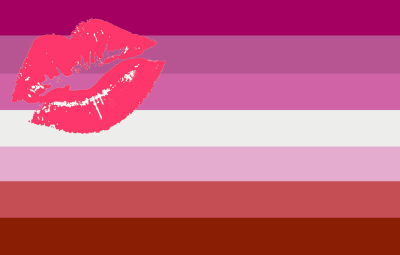 Lesbian flag with 7 horizontal stripes: dark pink, mid pink, light pink, white, pale red, brick red, mid red. Across the upper left corner are hot-pink lips.