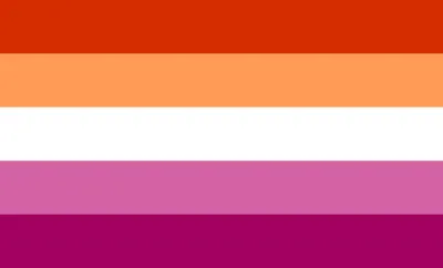 Lesbian flag with 5 even horizontal stripes: dark orange, light orange, white, pink, and dark rose.