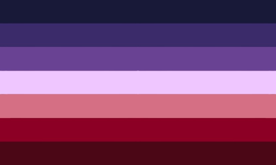 This flag has 7 even horizontal stripes which are colored (top to bottom) dark purple, dark violet, medium purple, pale purple, light red, red, and burgundy.