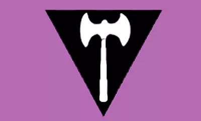 Lesbian flag with an upright white two-headed labrys axe on a point-down black equilateral triangle on a purple field.