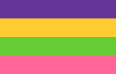 Lesbian flag with 4 horizontal stripes which are colored (top to bottom): purple, yellow, dill green, and pink
