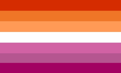 Lesbian flag with 7 even horizontal stripes: dark orange, orange, light orange, white, pink, dusty pink, and dark rose.