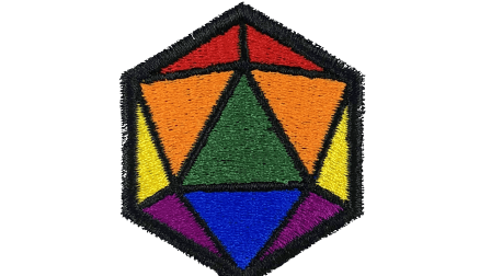 An embroidery patch shaped like a d20 with the colors of the rainbow flag and black borders.