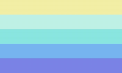 Lesbian flag with 5 even horizontal stripes which are colored (top to bottom): yellow, sea foam, turquoise, sky blue, and lavender.