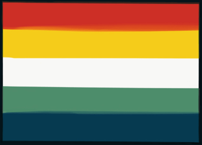 MLM flag with 5 even horizontal stripes which are colored (top to bottom): red-orange, yellow, white, green, and navy blue. The colors are from roosters.