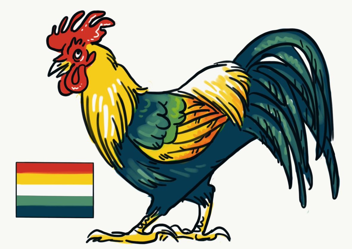 An illustration of a rooster in the colors of the MLM flag. The comb and waddle are red-orange; the feathers on the neck, wingtips, back, and feet are yellow with white highlights; and the main body, wings, and tail feathers are navy blue with green highlights. In the lower left corner is a small version of the MLM flag.